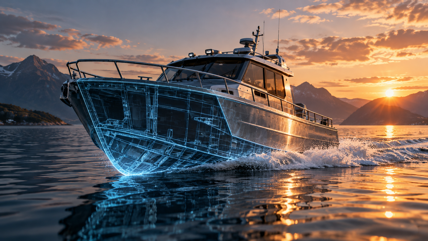 Engineering yacht concept with a technical hull overlay at sunset